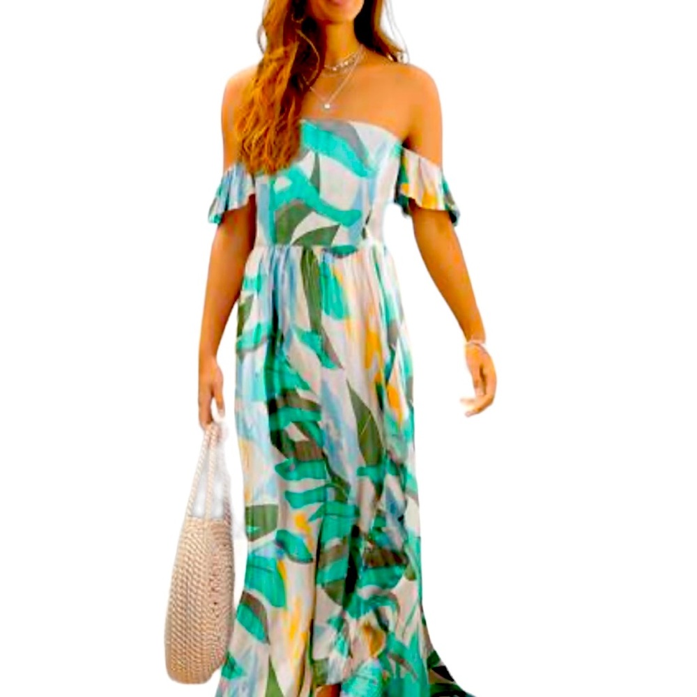 Maxi Dress White & Green Floral Dress Size Small NEW